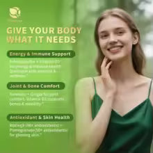 Woman in a green top beside text describing the Moringa blend's energy, immune, joint, bone, antioxidant, and skin support.
