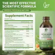 Moringa liquid drops product image showing the Supplement Facts panel beside an amber bottle with a green-and-white label.