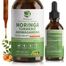 Two amber glass Moringa liquid dropper bottles with green-and-white labels and an orange dropper pipette.